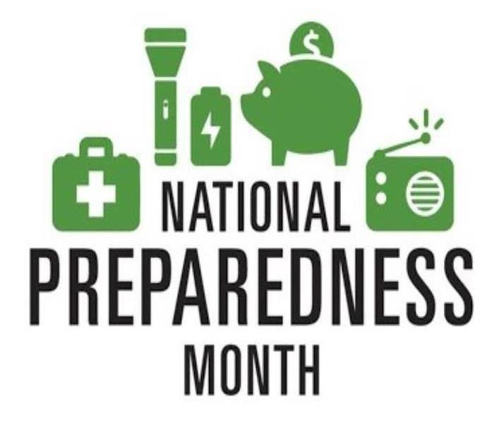 National Preparedness Month logo with a flashlight, piggy bank, radio, and first aid kit