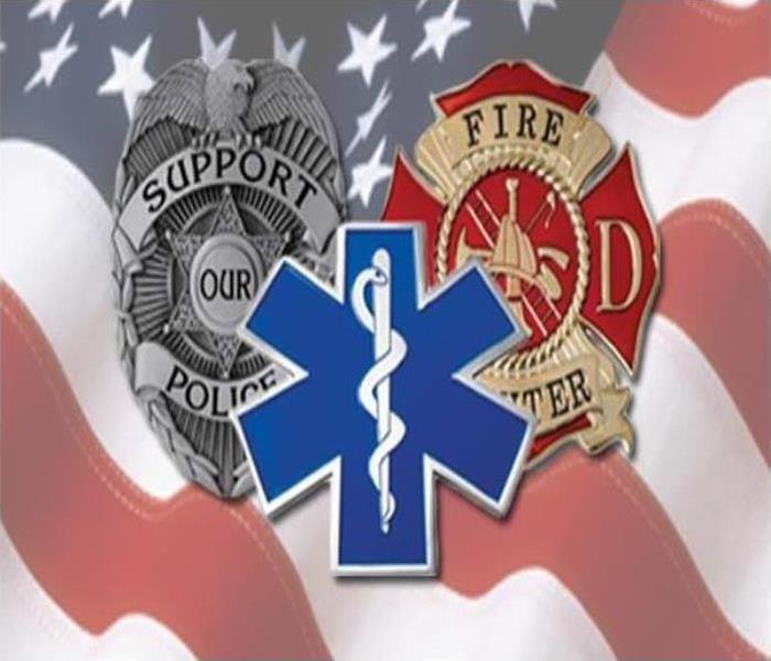 Police, firefighter, and medic logos with an American flag background