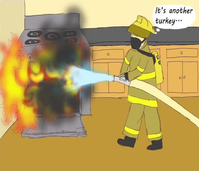 Firefighter putting out an oven fire with a speech bubble saying, "It's another turkey"