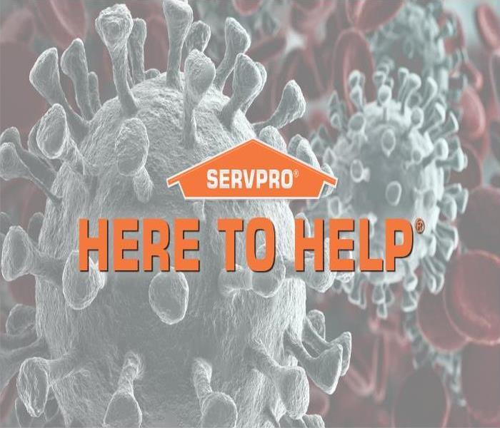 "Here to help" with SERVPRO logo and germ cells in the background